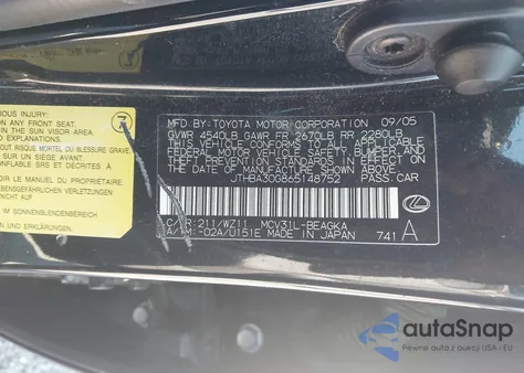 2006 Lexus Es 330 z USA, uszkodzony, nr VIN JTHBA30G865148752